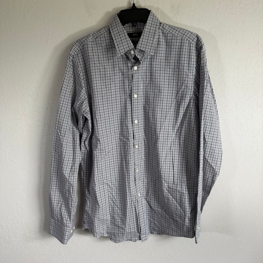 Men’s 15.5 Gray Hugo Boss Preppy Sharp Fit Plaid Office Formal Button Up Shirt
